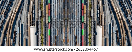 Top-down drone image of freight containers aligned in symmetrical pattern at rail terminal, reflecting modern transport system and commercial organization.