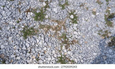 a top-down landscape shot capturing the rough texture of a crushed stone or gravel road surface used for patrolling paths. small patches of green weeds and wild grass sprout through the grey aggregate rocks.
