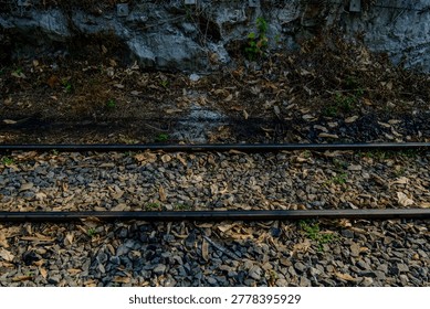 A top-down perspective capturing a section of a vintage railroad track running alongside a rugged stone cliff. The composition is divided by the dark, parallel steel rails, set against a bed of grey ballast gravel and scattered dry autumn leaves. Above the tracks, the base of a natural rock wall adds a sense of raw, earthy texture to the scene