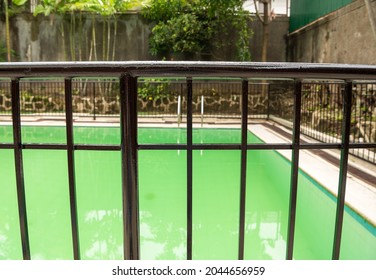 Top-down Shot Of Dirty Blurry Green Swimming Pool With Safety Gate In Foreground. 