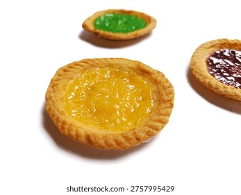 A top-down, slightly elevated perspective photograph featuring three small Indonesian milk tarts (Pai Susu) arranged in a triangular pattern against a clean, brilliant white background