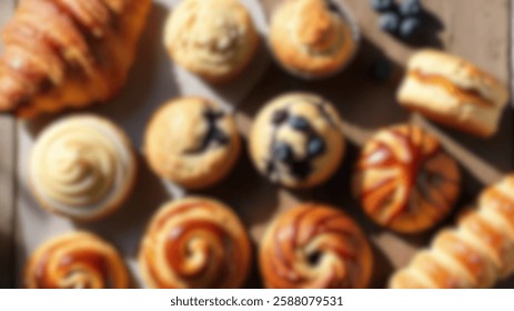 Top-down view of assorted fresh bakery pastries on rustic wooden table. Includes croissants, muffins, danishes, and scones. Blurred image, ideal for design.