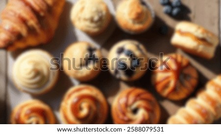 Top-down view of assorted fresh bakery pastries on rustic wooden table. Includes croissants, muffins, danishes, and scones. Blurred image, ideal for design.