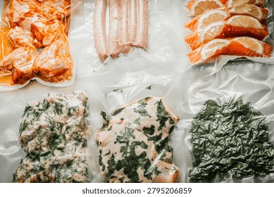 Top-down view of assorted marinated proteins arranged on a textured white surface. Visible items include orange-glazed shrimp, pale pink raw sausages, thinly
