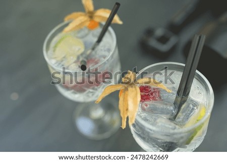Top-down view capturing two gin glasses adorned with red fruits and leafy decorations placed next to each other. Stylish presentation highlighting vibrant colors and artistic garnishing.