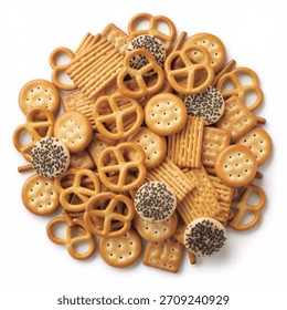 A top-down view of a circular pile of assorted savory crackers and pretzels, including round, rectangular, and twisted shapes, some topped with black seeds, on a white surface.