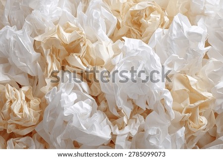 A top-down view of a dense collection of white and cream-colored crumpled paper balls, creating a rich and intricate texture.
