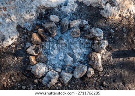 Top-down view of an extinguished campfire ring with stones and ash on forest ground, showing outdoor use, wilderness setting, and camping activity.