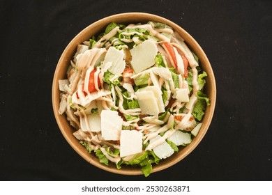 A top-down view of a fresh chicken salad with mixed greens, cherry tomatoes, cucumber slices, and grilled chicken, drizzled with a light vinaigrette. - Powered by Shutterstock