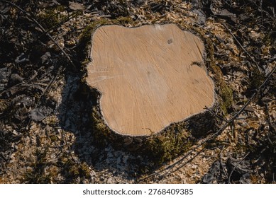 Top-down view of fresh tree stump with golden saw marks and mossy bark edge. Perfect for wood texture closeups, forestry stock, and natural pattern design.