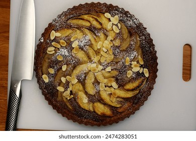 Top-down view of a freshly baked apple tart topped with almond slices and dusted with powdered sugar - Powered by Shutterstock