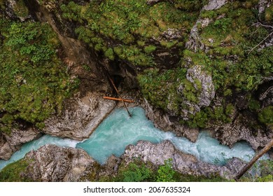 Top-Down View of Leutascher Ache River in Austria. Powerful Stream in Leutascher Geisterklamm. Above Scene of Tyrol Nature and Clear Water.