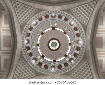A top-down view of a mosque dome showcasing intricate Islamic art and geometric patterns. The design includes a central chandelier surrounded by symmetrical details, arches, and decorative motifs.