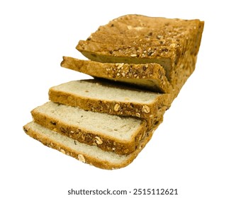 A top-down view of multigrain bread on a white background, surrounded by grains and seeds. The bread has a golden-brown crust with visible grains, giving it a nutritious, organic appeal.
