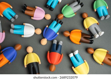 A top-down view of a multitude of human figures. Society and communities. Marketing and customers. Data analysis, audience segmentation, and consumer demographics