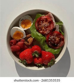 Top-down view on a white background of a fresh, colorful plate with tomatoes, boiled egg, leafy salad, strawberries, raspberries, and almonds—nutritious, vibrant, and full of flavors.