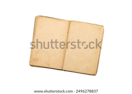 Top-down view of an open cookbook with empty pages, perfect for creating a mockup for recipes or menus. Isolated on white background