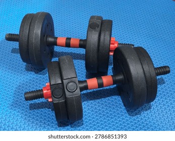 Top-down view of a pair of adjustable black dumbbells with red grip accents, loaded with weight plates, placed on a blue textured rubber fitness gym mat, representing strength training, weightlifting, and home workout concepts.