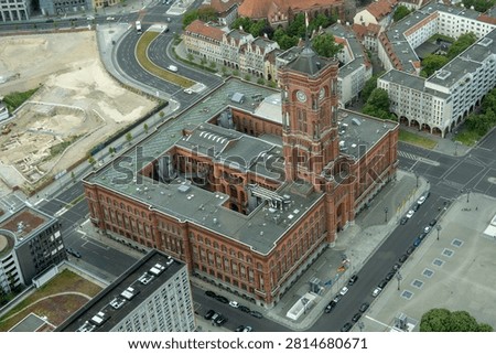 Top-down view of the Rotes Rathaus complex and surrounding streets in central Berlin, photographed from the Berliner Fernsehturm.