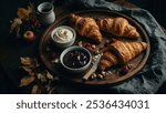 Top-down view of a rustic breakfast scene featuring two golden, flaky croissants on a dark wooden tray. Beside them, a croissant is halved, spread with fresh cream cheese and dark berry jam,.