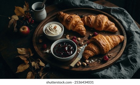 Top-down view of a rustic breakfast scene featuring two golden, flaky croissants on a dark wooden tray. Beside them, a croissant is halved, spread with fresh cream cheese and dark berry jam,. - Powered by Shutterstock