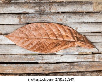 Top-down view of a single dried brown leaf resting on horizontal wooden slats with visible grain and cracks. The leaf shows detailed vein patterns, curled edges, and natural decay. 