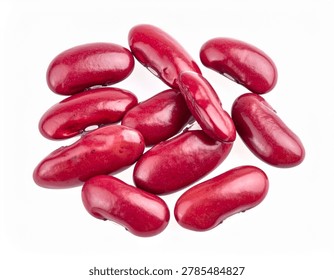 A top-down view of a small pile of raw, dried red kidney beans arranged on a clean, white background.