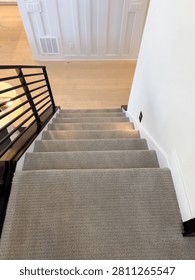 Top-down view of a staircase featuring a textured beige carpet and modern black handrail. The background shows light wood flooring and vertical wall paneling. Ideal for real estate, home interior, or