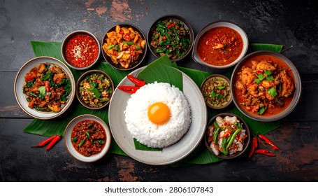 A top-down view of a table laden with an assortment of authentic Thai dishes, including rice, curries, and stir-fries, beautifully arranged.