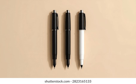 A top-down view of three pens, two black and one white, arranged vertically on a plain beige background.