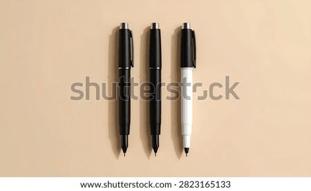A top-down view of three pens, two black and one white, arranged vertically on a plain beige background.