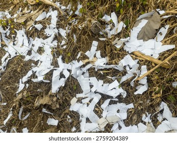 Top-down view of torn, handwritten, lined paper fragments and scraps scattered chaotically on dry earth ground with dead grass and weeds. Pile of discarded documents.