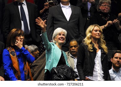 Topeka, Kansas, USA, 25th February, 2017
Former Secretary Of Health And Human Services Kathleen Sebelius Waves To Supporters While At Speech By Vermont Senator Bernie Sanders In The Topeka High School