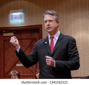 Topeka, Kansas, USA, February 16, 2019
Congressman Roger Marshall (R-KS) Speaking To His Constituents From The 1st District At The Annual GOP Convention 