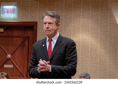 Topeka, Kansas, USA, February 16, 2019
Congressman Roger Marshall (R-KS) Speaking To His Constituents From The 1st District At The Annual GOP Convention 