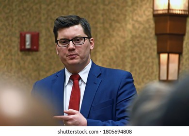 Topeka, Kansas, USA, February 16, 2019 
Kansas State Treasurer Jake LaTurner Talks With Members Of The 2nd Congressional District During A Meeting At The Annual GOP Convention  