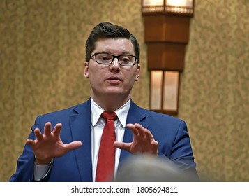 Topeka, Kansas, USA, February 16, 2019 
Kansas State Treasurer Jake LaTurner Talks With Members Of The 2nd Congressional District During A Meeting At The Annual GOP Convention  