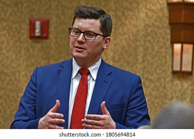 Topeka, Kansas, USA, February 16, 2019 
Kansas State Treasurer Jake LaTurner Talks With Members Of The 2nd Congressional District During A Meeting At The Annual GOP Convention  