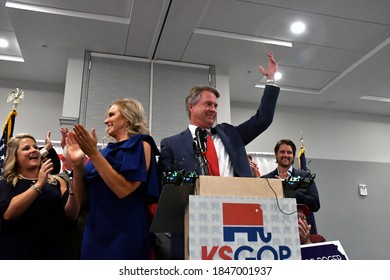 Topeka, Kansas, USA, November 3, 2020 
Republican Congressman Dr. Roger Marshall And His Wife Laina Marshall Celebrating His Election Victory Over Dr. Barbara Bollier For The Senate Seat In Kansas  