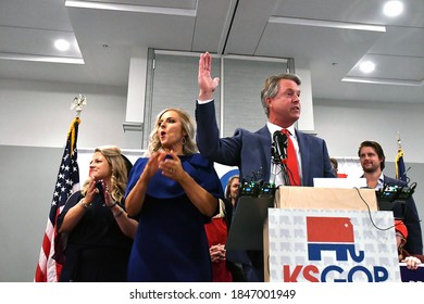 Topeka, Kansas, USA, November 3, 2020 
Republican Congressman Dr. Roger Marshall And His Wife Laina Marshall Celebrating His Election Victory Over Dr. Barbara Bollier For The Senate Seat In Kansas  