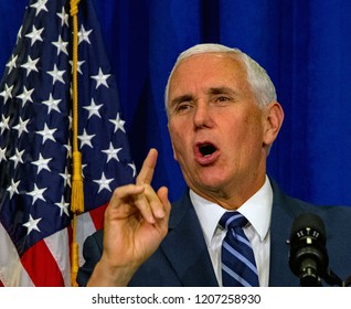 Topeka Kansas, USA, October 19, 2018 
Vice-President Mike Pence Speaks To Supporters At A Fundraiser For Republican Congressional Candidate Steve Watkins  