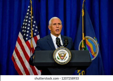 Topeka Kansas, USA, October 19, 2018 
Vice-President Mike Pence Speaks To Supporters At A Fundraiser For Republican Congressional Candidate Steve Watkins  