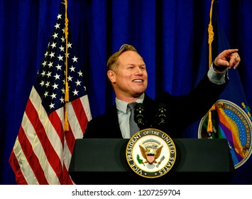 Topeka Kansas, USA, October 19, 2018
Steve Watkins Republican Candidate Campaigning For The Seat In The Kansas's 2nd Congressional District Delivers A Short Speech At A Fundraiser .