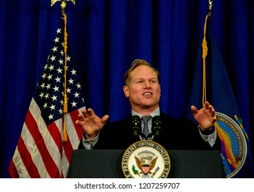 Topeka Kansas, USA, October 19, 2018
Steve Watkins Republican Candidate Campaigning For The Seat In The Kansas's 2nd Congressional District Delivers A Short Speech At A Fundraiser .