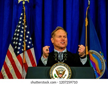 Topeka Kansas, USA, October 19, 2018
Steve Watkins Republican Candidate Campaigning For The Seat In The Kansas's 2nd Congressional District Delivers A Short Speech At A Fundraiser .