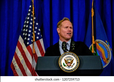 Topeka Kansas, USA, October 19, 2018
Steve Watkins Republican Candidate Campaigning For The Seat In The Kansas's 2nd Congressional District Delivers A Short Speech At A Fundraiser .