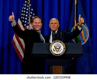 Topeka Kansas, USA, October 19, 2018
Steve Watkins Republican Candidate Campaigning For The Seat In The Kansas's 2nd Congressional District Is Joined By VP President Mike Pence At A Fundraiser Today