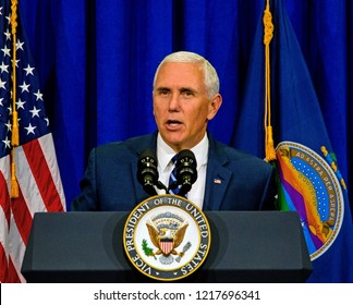 Topeka Kansas, USA, October 19, 2018 
Vice-President Mike Pence Speaks To Supporters At A Fundraiser For Republican Congressional Candidate Steve Watkins  