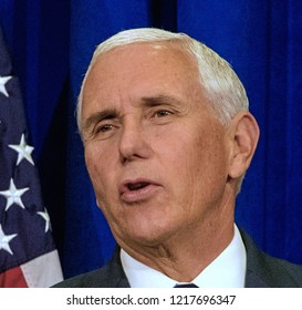 Topeka Kansas, USA, October 19, 2018 
Vice-President Mike Pence Speaks To Supporters At A Fundraiser For Republican Congressional Candidate Steve Watkins  