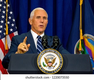 Topeka Kansas, USA, October 19, 2018 
Vice-President Mike Pence Speaks To Supporters At A Fundraiser For Republican Congressional Candidate Steve Watkins  